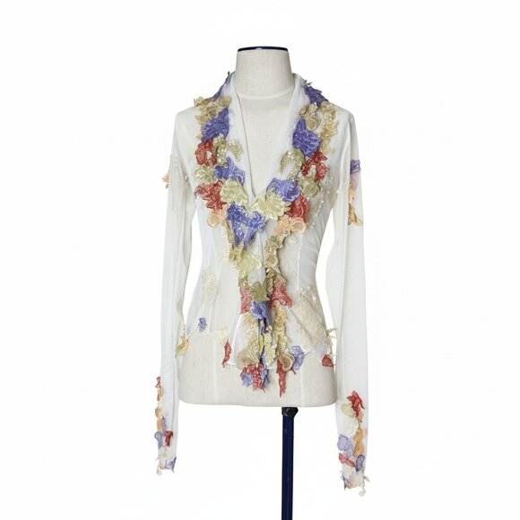 💥WOW! MANDALAY Fairy Sheer Appliqué Ruffled Collar Blouse Top Embellished Y2k - Picture 7 of 16